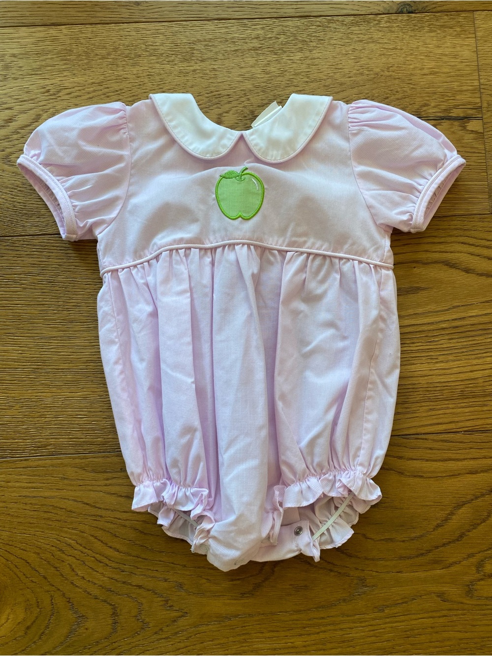 Lullaby Set Pink Back to School Baby Bubble Romper with Green Apple Applique